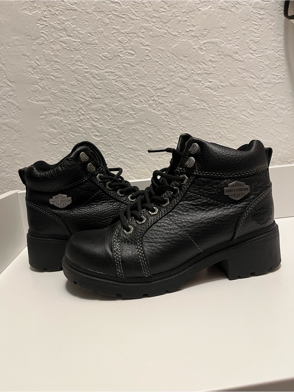 Harley-Davidson Women Black Leather Lace-Up Hiking Boots